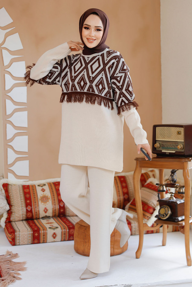 Modest Cream Knitwear Dual Suit 15021KR - 3