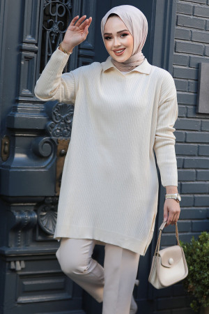 Modest Cream Knitwear Tunic 65903KR - 1