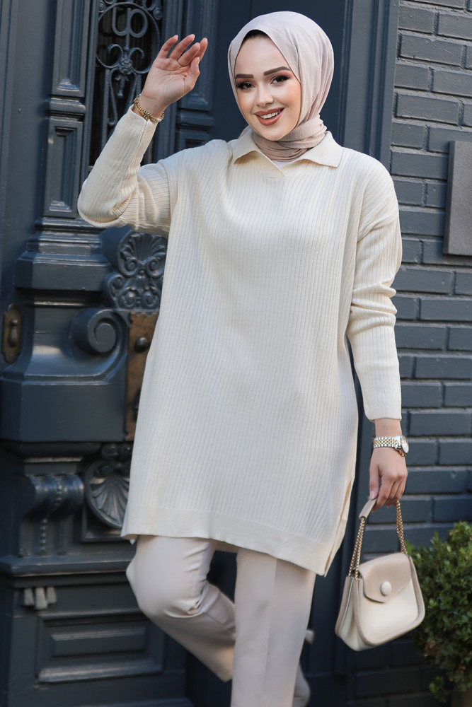 Modest Cream Knitwear Tunic 65903KR - 1
