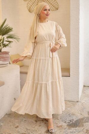 Modest Cream Long Sleeve Dress 14131KR 