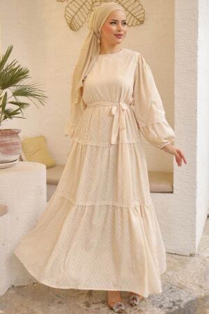 Modest Cream Long Sleeve Dress 14131KR - 2