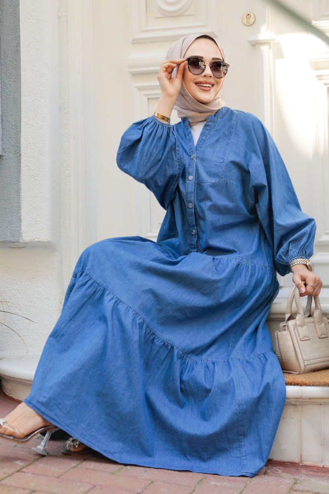 Modest Dark Blue Denim Dress 10619KM - 2