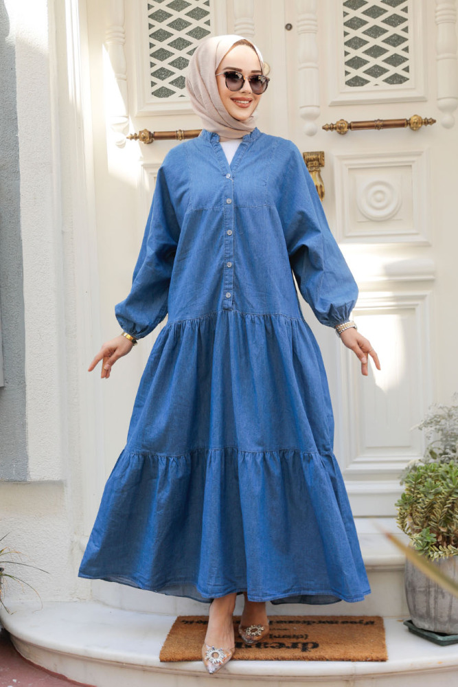 Modest Dark Blue Denim Dress 10619KM - 1