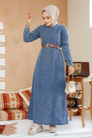 Modest Dark Blue Denim Dress 19130KM - 2