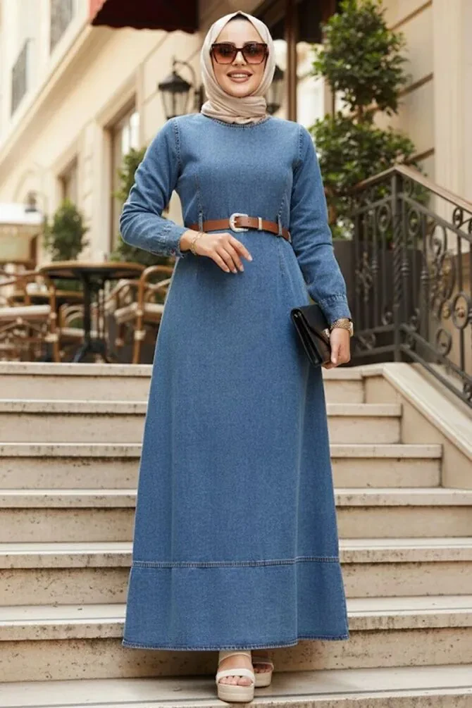 Modest Dark Blue Denim Dress 19130KM - 1
