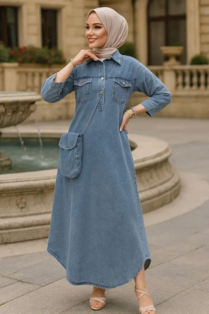 Modest Dark Blue Denim Dress 19132KM - NEVA STYLE