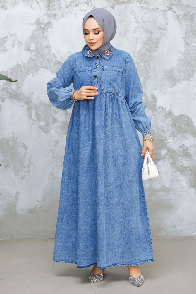 Modest Dark Blue Denim Dress 19138KM - 1