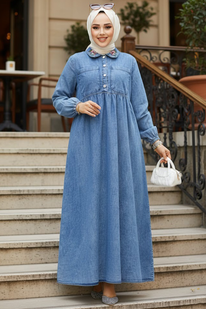 Modest Dark Blue Denim Dress 19138KM - 1