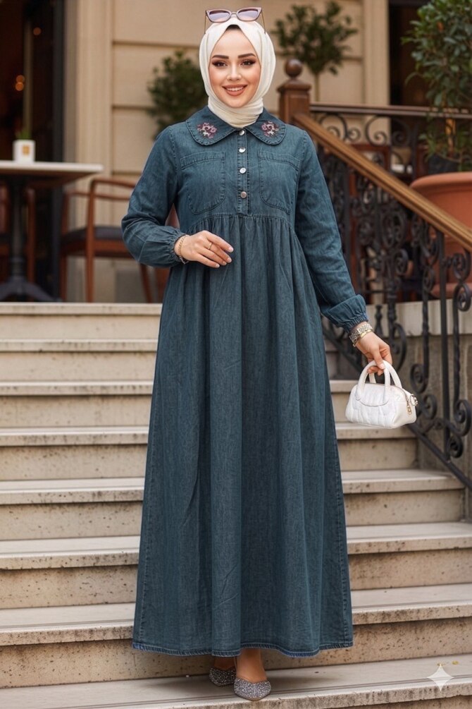 Modest Dark Blue Denim Dress 19138KM - 1