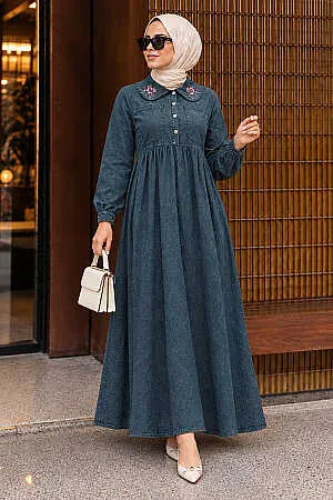 Modest Dark Blue Denim Dress 19138KM - 1