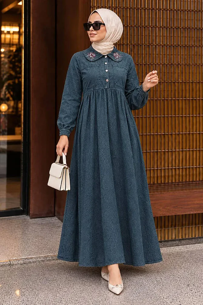 Modest Dark Blue Denim Dress 19138KM - 1