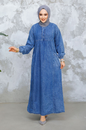 Modest Dark Blue Denim Dress 19139KM - 2