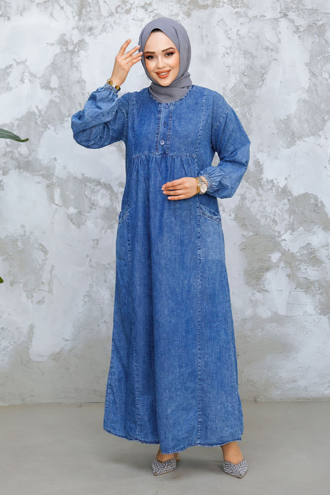 Modest Dark Blue Denim Dress 19139KM - 3