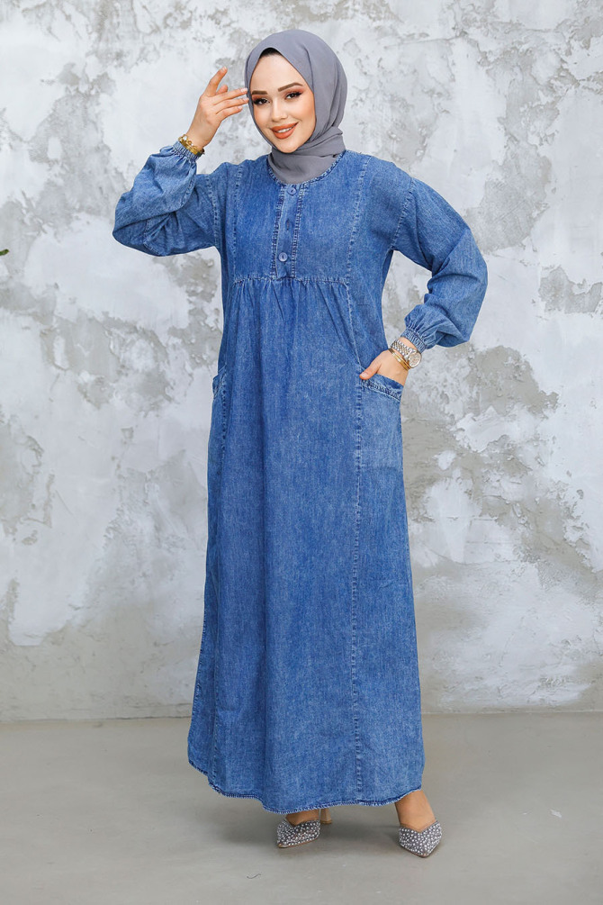 Modest Dark Blue Denim Dress 19139KM - 1