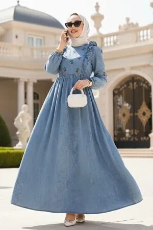 Modest Dark Blue Denim Dress 19146KM - 1