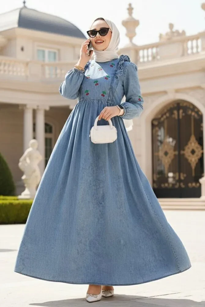 Modest Dark Blue Denim Dress 19146KM - 1