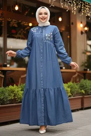 Modest Dark Blue Denim Dress 19147KM 
