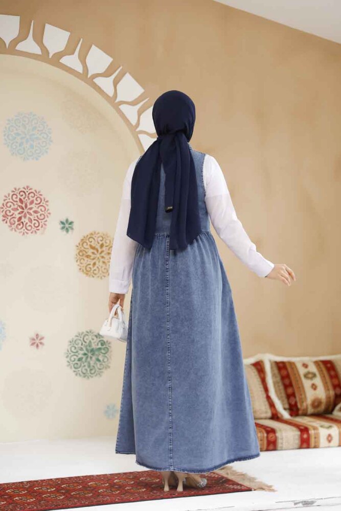 Modest Dark Blue Gilet Denim Dress 19135KM - 4