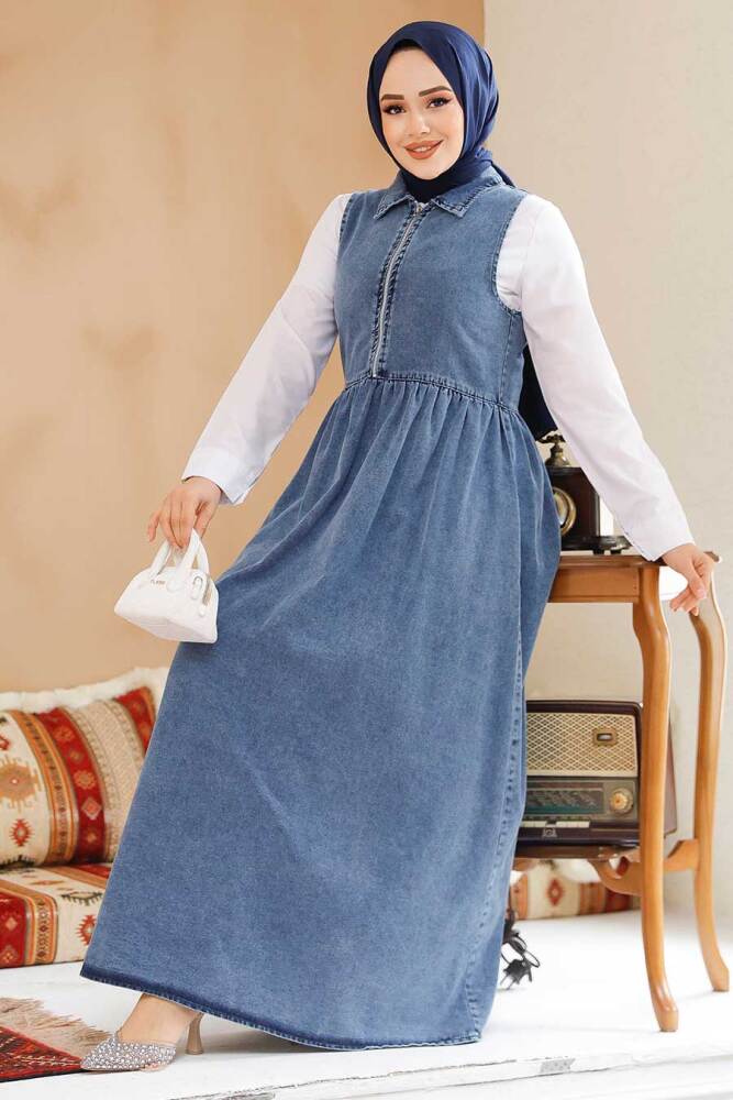 Modest Dark Blue Gilet Denim Dress 19135KM - 2