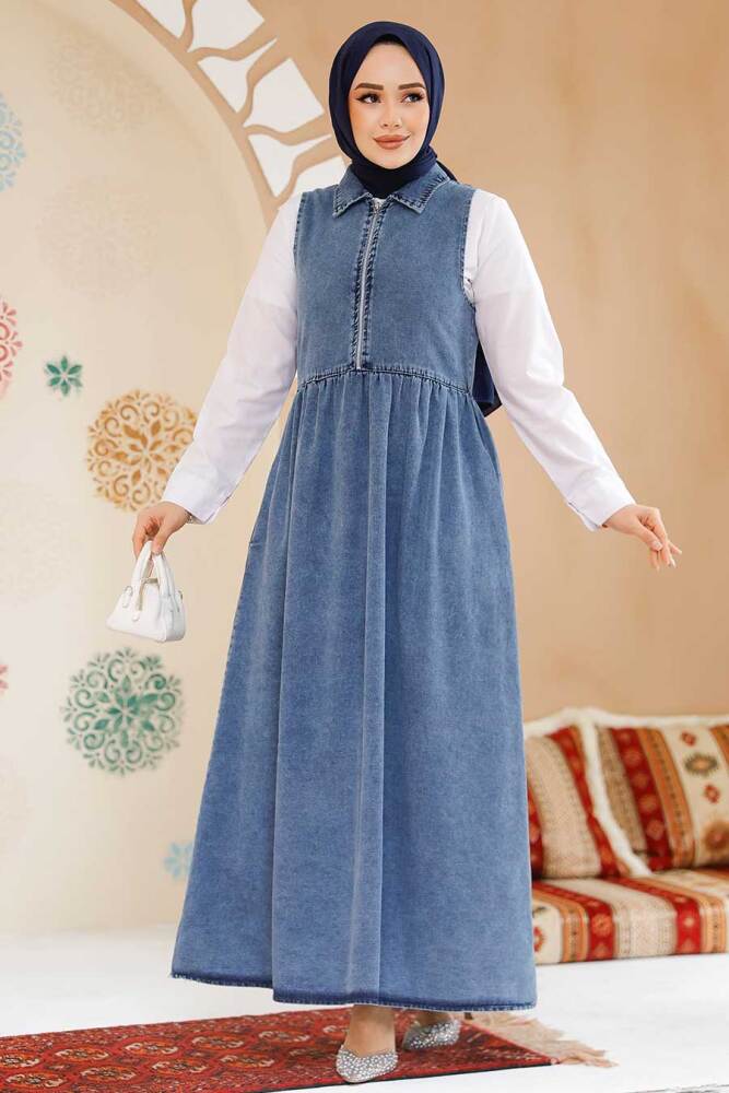Modest Dark Blue Gilet Denim Dress 19135KM - 1