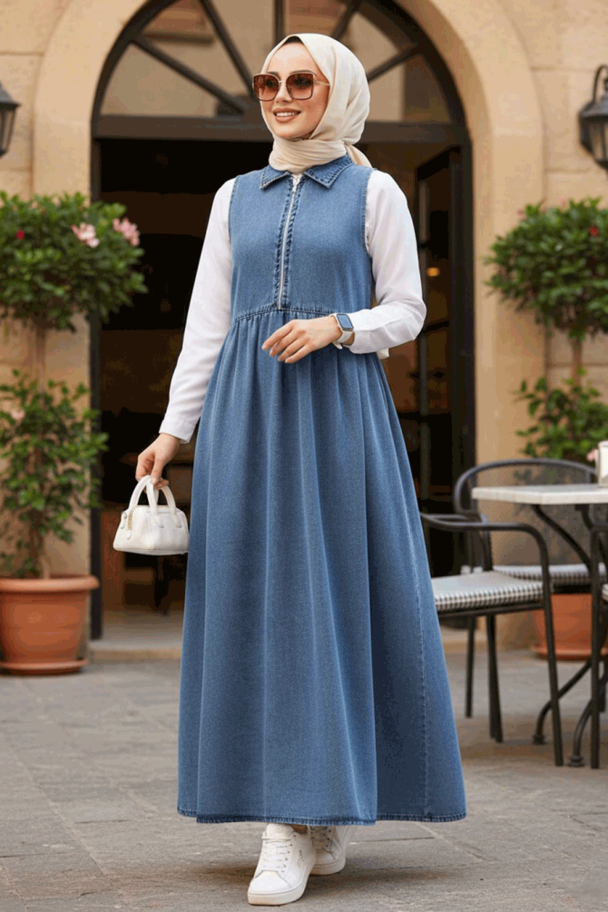 Modest Dark Blue Gilet Denim Dress 19135KM - 1