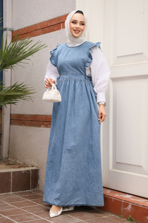 Modest Dark Blue Gilet Denim Dress 7054KM - 3