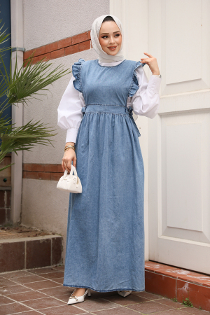 Modest Dark Blue Gilet Denim Dress 7054KM - 2
