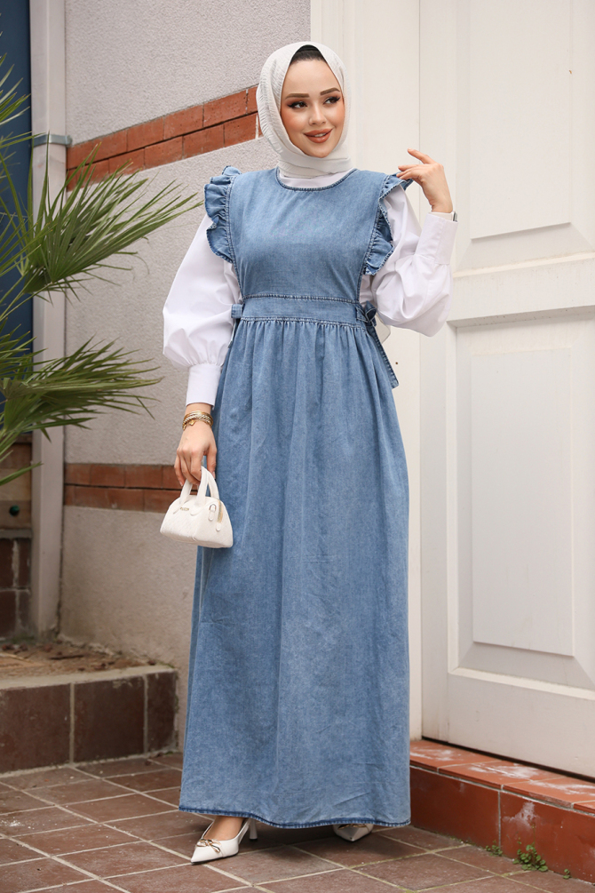 Modest Dark Blue Gilet Denim Dress 7054KM - 2