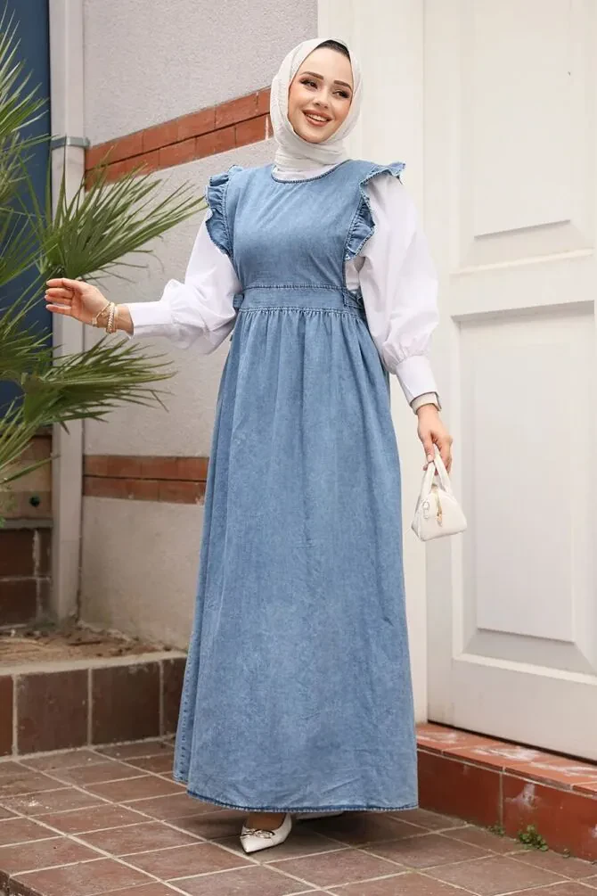 Modest Dark Blue Gilet Denim Dress 7054KM - 1