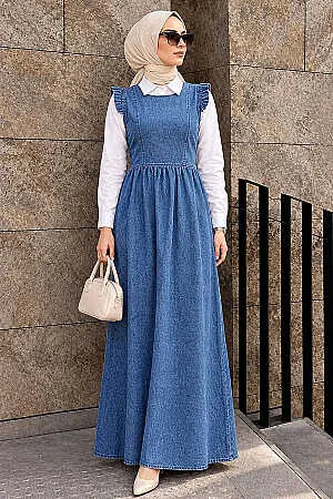 Modest Dark Blue Long Denim Dress 19134KM 