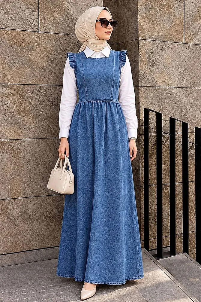 Modest Dark Blue Long Denim Dress 19134KM - 1