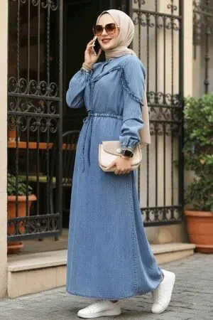 Modest Dark Blue Long Sleeve Denim Dress 19136KM 