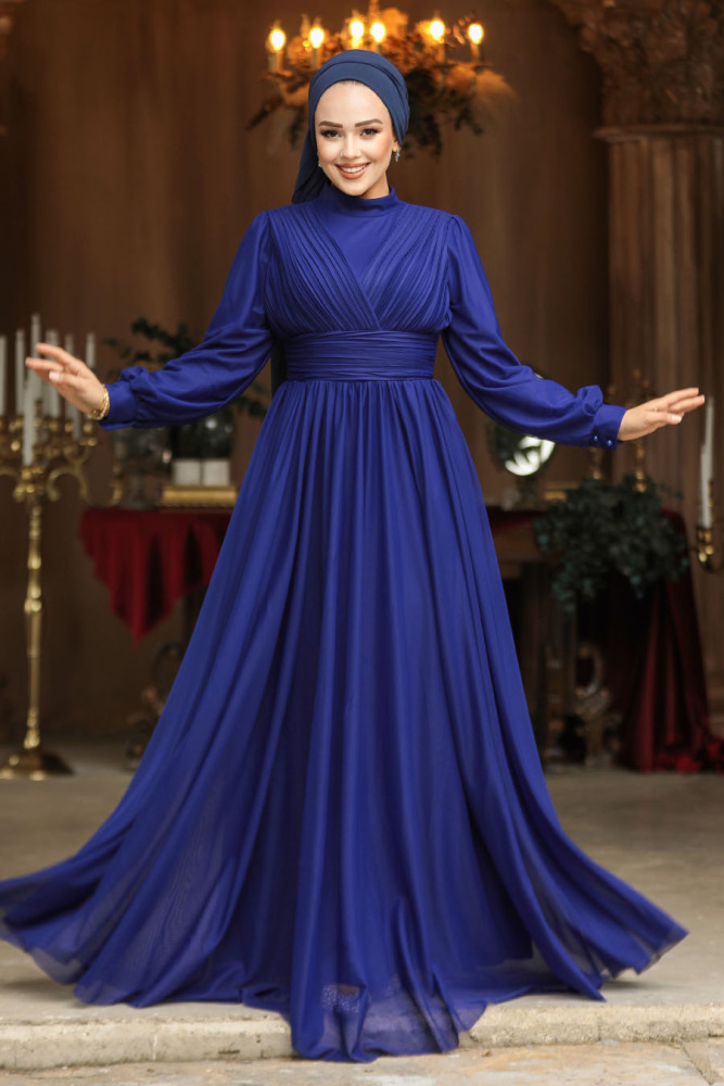 Modest Dark İndigo Blue Evening Gown 46321KIM - 1