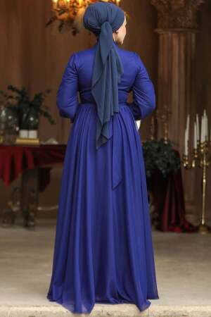 Modest Dark İndigo Blue Evening Gown 46321KIM - 4