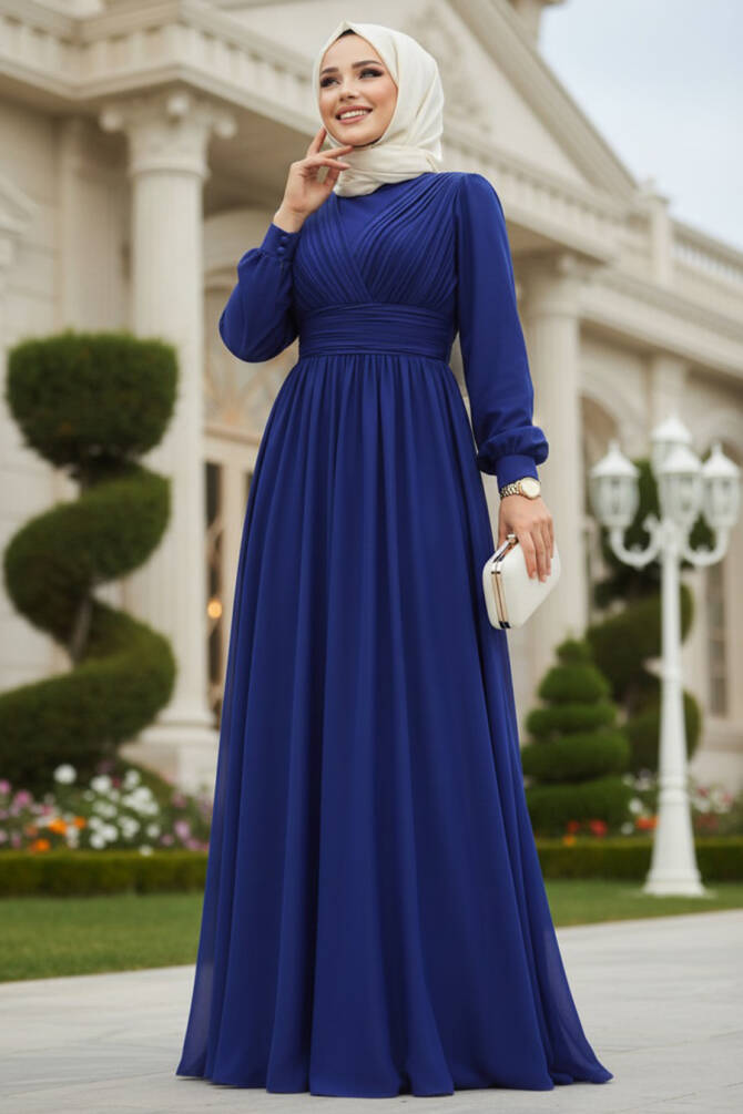 Modest Dark İndigo Blue Evening Gown 46321KIM - 1