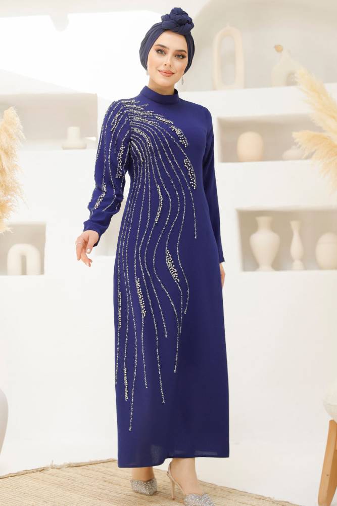 Modest Dark İndigo Blue Evening Gown 46781KIM - 1
