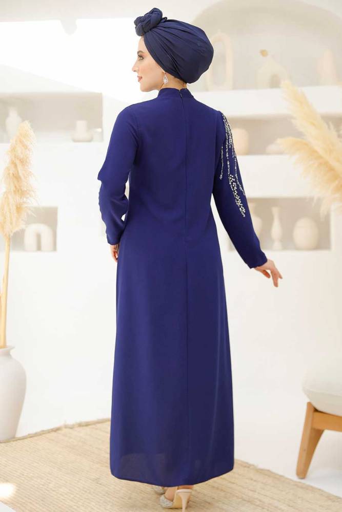 Modest Dark İndigo Blue Evening Gown 46781KIM - 4