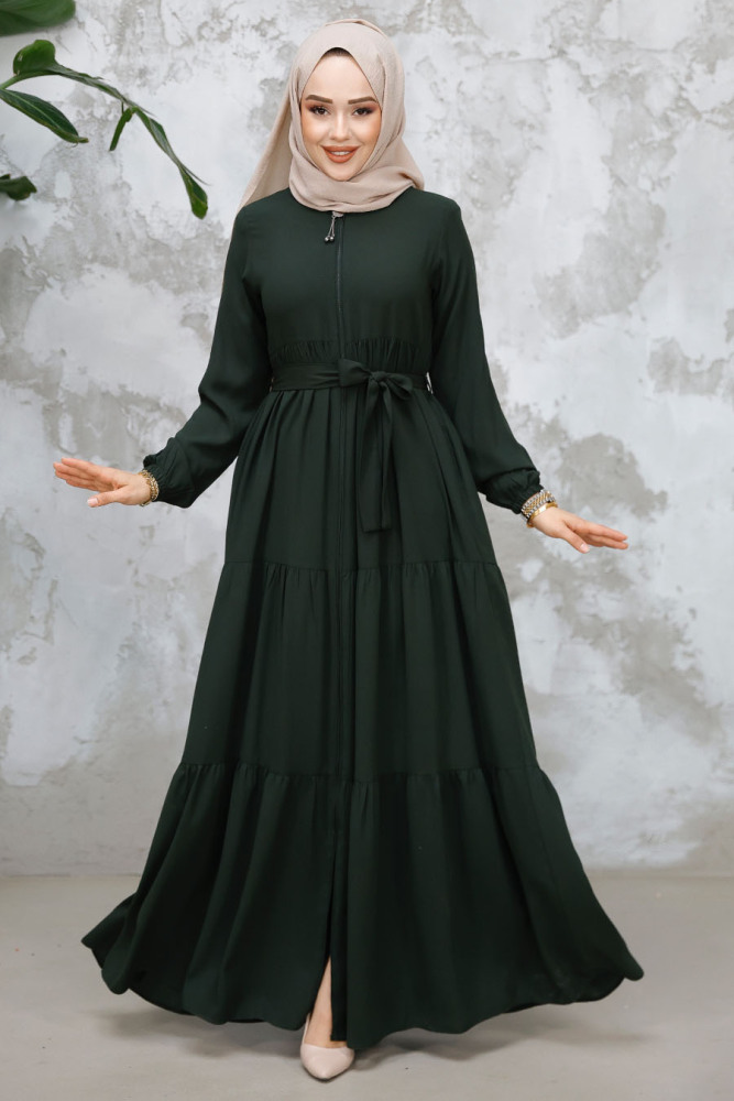 Modest Dark Khaki Abaya Dubai 80781KHK - 1