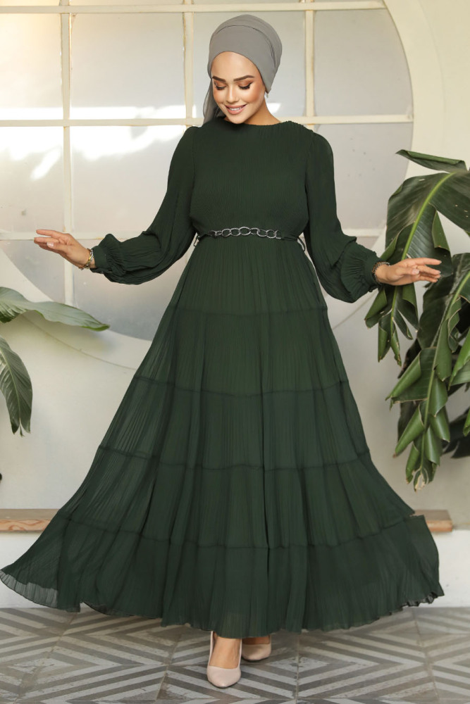 Modest Dark Khaki Ruffle Dress 44761KHK - 2
