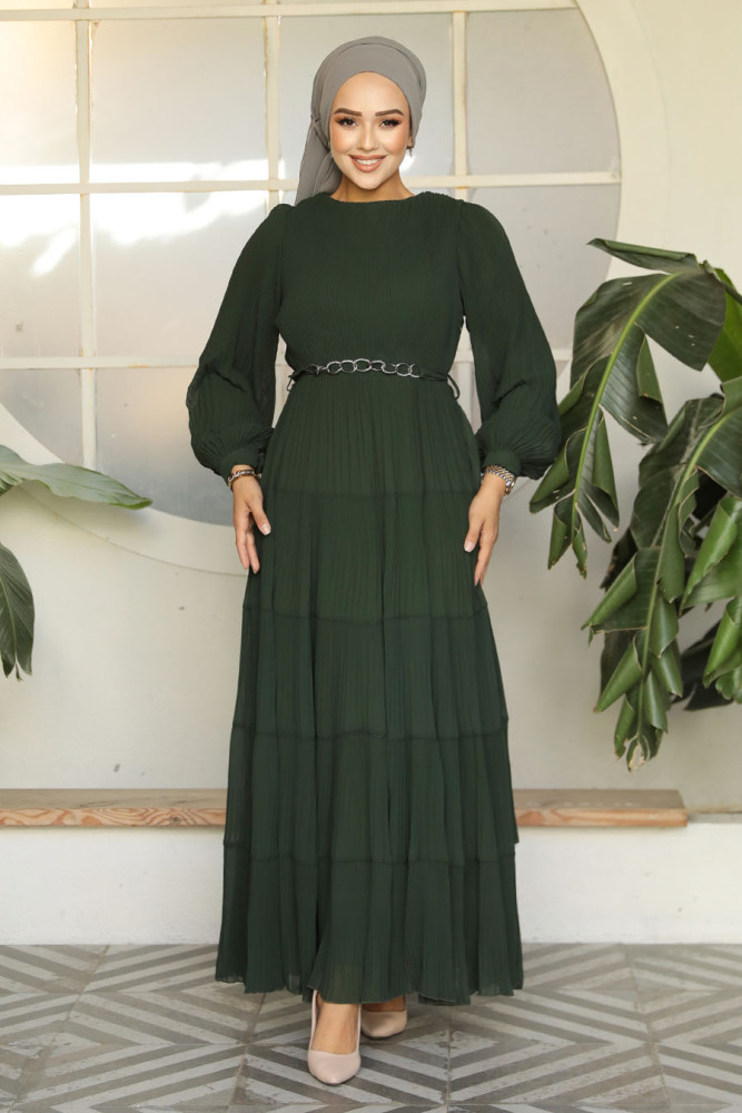 Modest Dark Khaki Ruffle Dress 44761KHK - 3