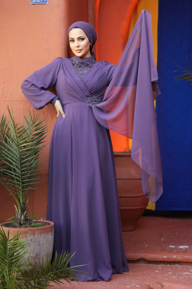 Modest Dark Lila Plus Size Dress 25882KLILA - 1