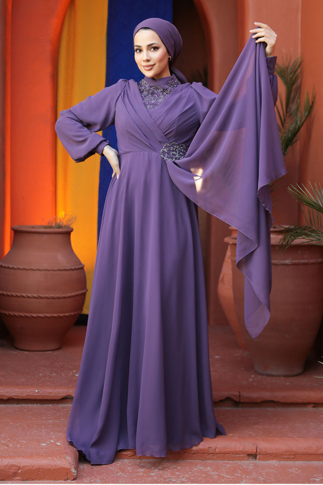 Modest Dark Lila Plus Size Dress 25882KLILA - 3