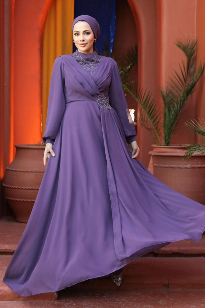 Modest Dark Lila Plus Size Dress 25882KLILA - 2