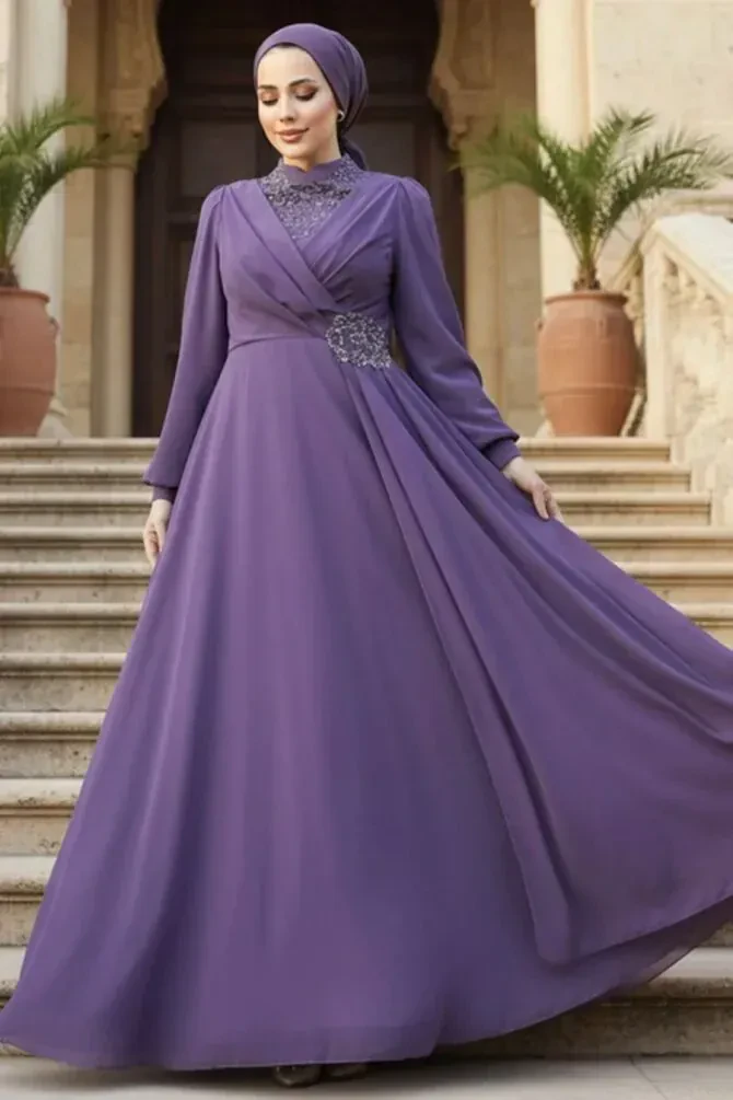 Modest Dark Lila Plus Size Dress 25882KLILA - 1