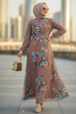 Modest Dark Mink Floral Dress 34468KV 