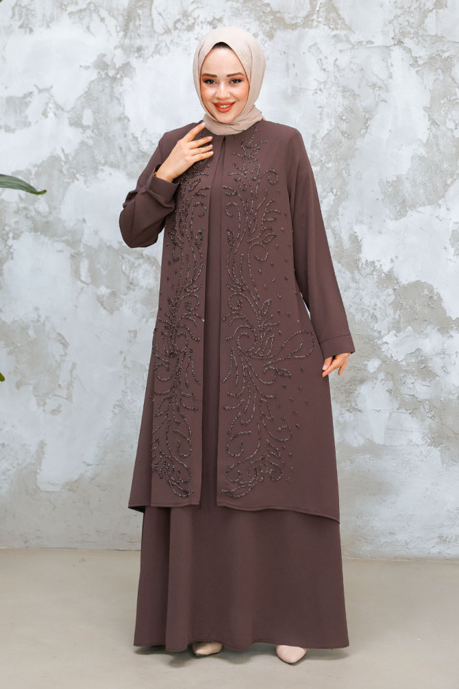 Modest Dark Mink Plus Size Dubai Abaya 29121KV - 3