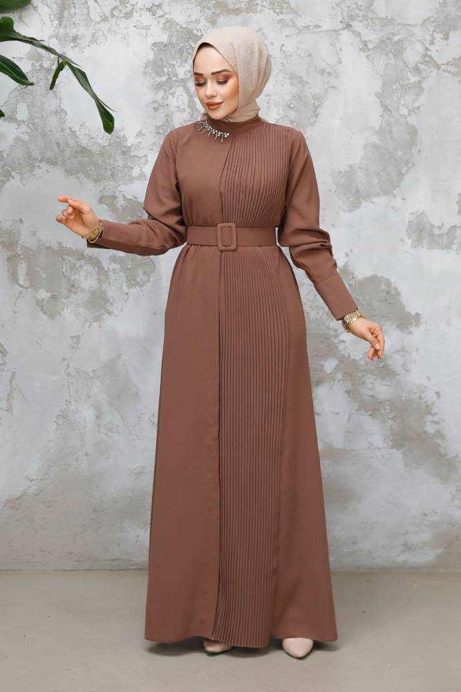 Modest Dark Mink Plus Size Pleated Dress 65879KV - 2