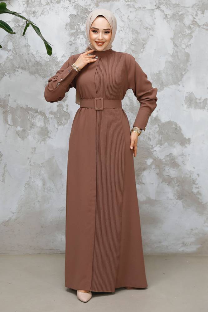 Modest Dark Mink Plus Size Pleated Dress 65879KV - 1