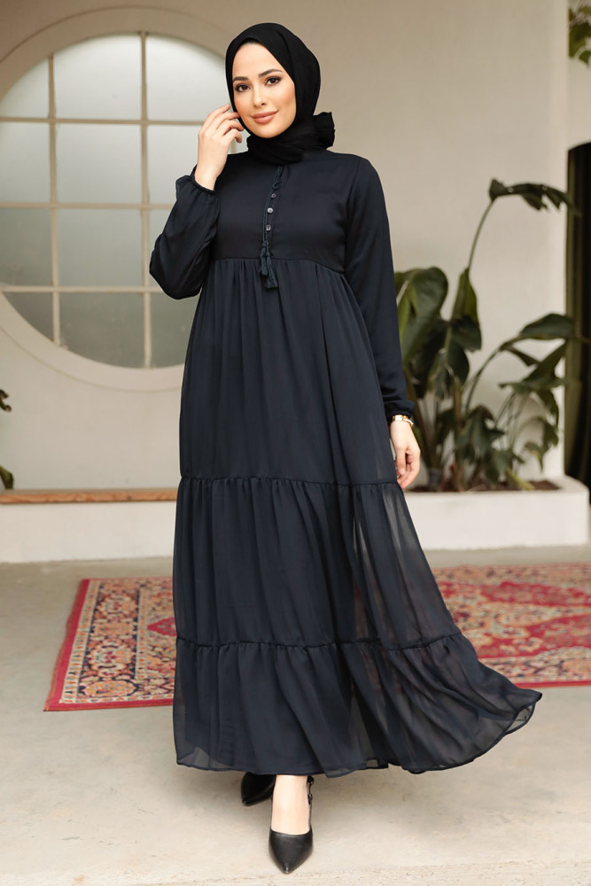 Modest Dark Navy Blue Long Sleeve Dress 22051KL - 1