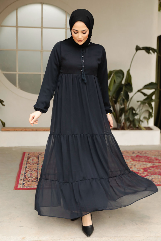 Modest Dark Navy Blue Long Sleeve Dress 22051KL - 2